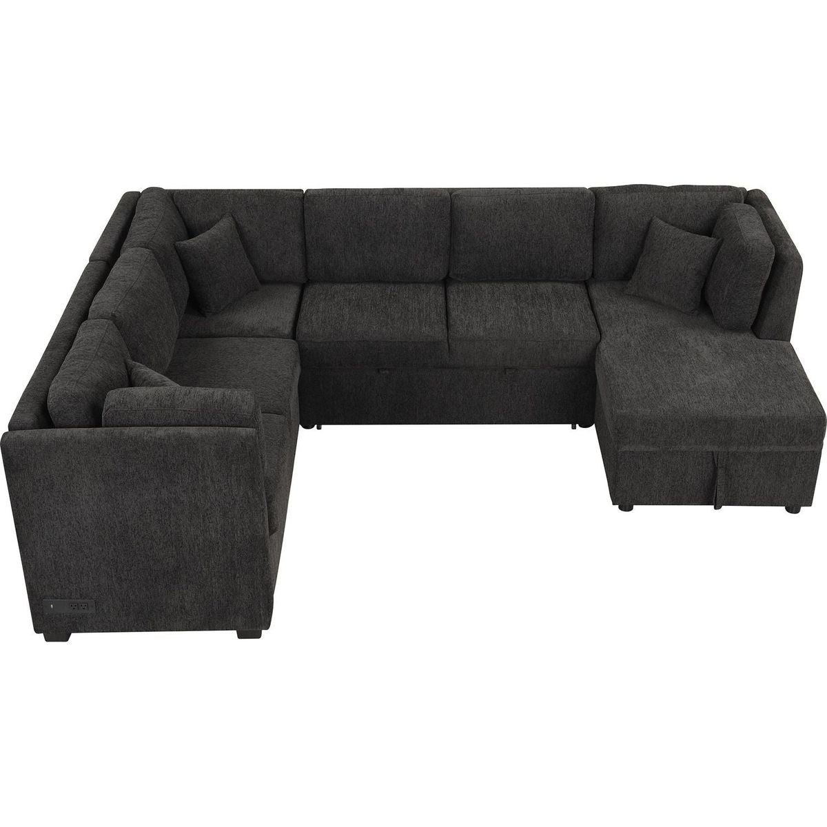 108.6" U-shaped Sectional Sofa Pull out Sofa Bed with Two USB Ports, Two Power Sockets, Three Back Pillows and a Storage Chaise for Living Room, Black