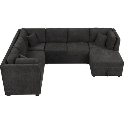 108.6" U-shaped Sectional Sofa Pull out Sofa Bed with Two USB Ports, Two Power Sockets, Three Back Pillows and a Storage Chaise for Living Room, Black