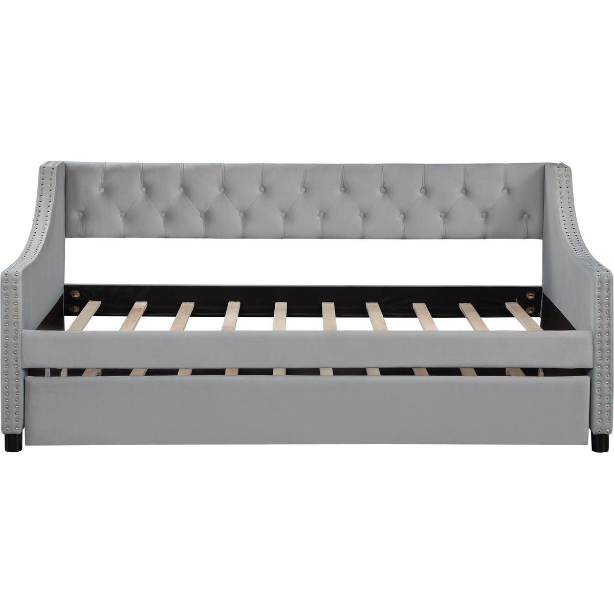 Twin Size Upholstered Daybed with Trundle,Sturdy Wood Bedframe w/ Bedframe Tufted Button & Copper Nail on Arms Design,Perfect for Bedroom,Guest Room Furniture,No Box Spring Needed