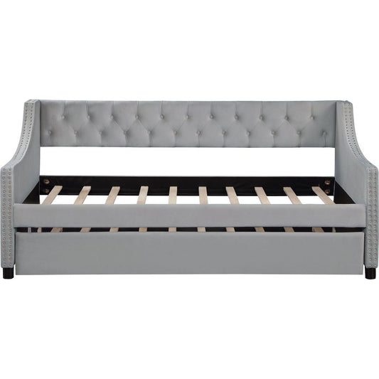Twin Size Upholstered Daybed with Trundle,Sturdy Wood Bedframe w/ Bedframe Tufted Button & Copper Nail on Arms Design,Perfect for Bedroom,Guest Room Furniture,No Box Spring Needed