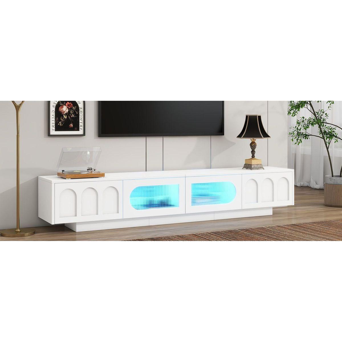 TV Stand with Fluted tempered Glass Doors for TVs Up to 95", Functional Media Console with Arched Cabinet Doors, Entertainment Center with APP-Controlled LED Light for Living Room, White
