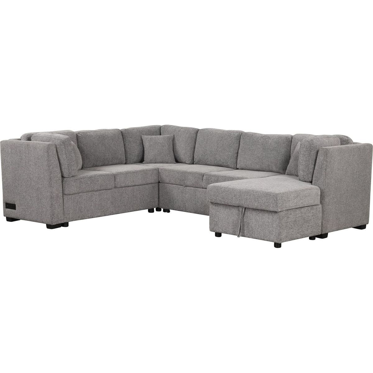 108.6" U-shaped Sectional Sofa Pull out Sofa Bed with Two USB Ports, Two Power Sockets, Three Back Pillows and a Storage Chaise for Living Room, Light Gray