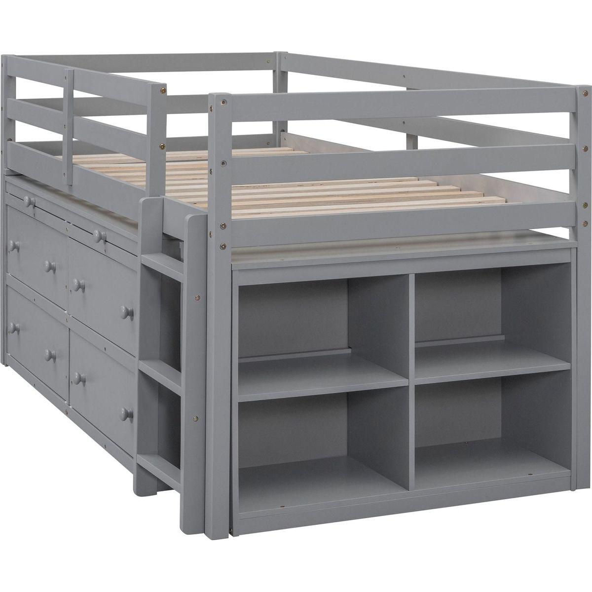 Twin Size Loft Bed with Retractable Writing Desk and 4 Drawers, Wooden Loft Bed with Lateral Portable Desk and Shelves, Gray
