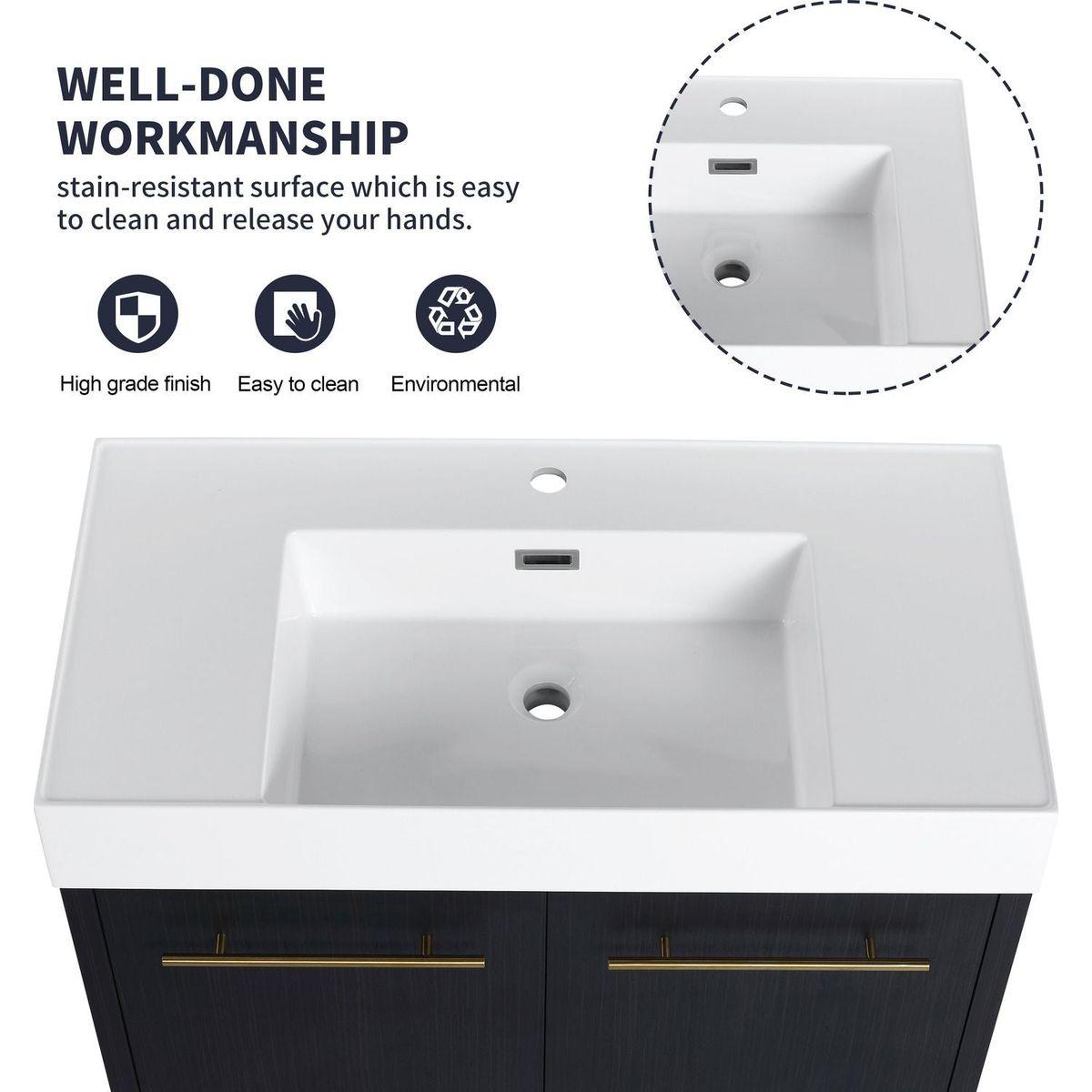 36 Inch Wall-Mounted Bathroom Vanity with Sink, Thick Edged Resin Basin, KD-Package