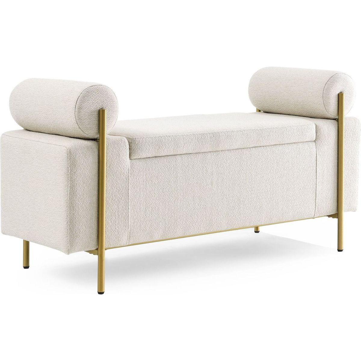 Elegant Upholstered Linen Storage Bench with Cylindrical Arms and Iron Legs for Hallway Living Room Bedroom, Beige