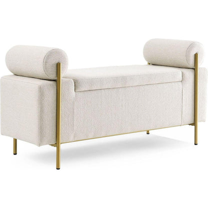 Elegant Upholstered Linen Storage Bench with Cylindrical Arms and Iron Legs for Hallway Living Room Bedroom, Beige