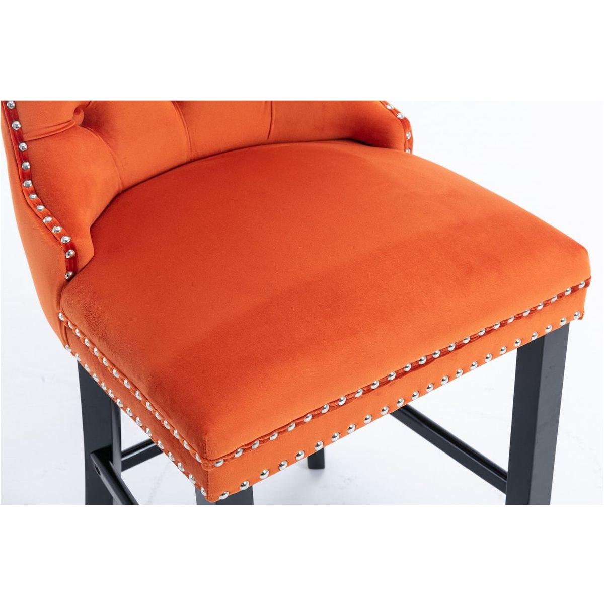 Contemporary Velvet Upholstered Barstools with Button Tufted Decoration and Wooden Legs, and Chrome Nailhead Trim, Leisure Style Bar Chairs,Bar stools, Set of 2 (Orange)