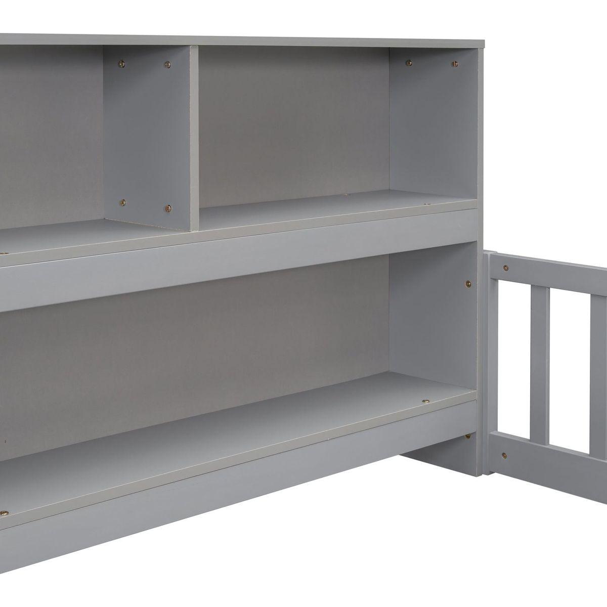 Twin Floor Bed with Bedside Bookcase,Shelves,Guardrails,Grey