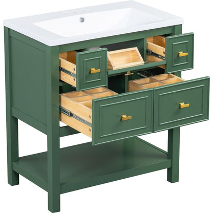 30" Bathroom Vanity with Resin Sink Combo, Free Standing Single Vanity Set with 5 Drawers, Solid Wood Frame Bathroom Storage Cabinet, Green