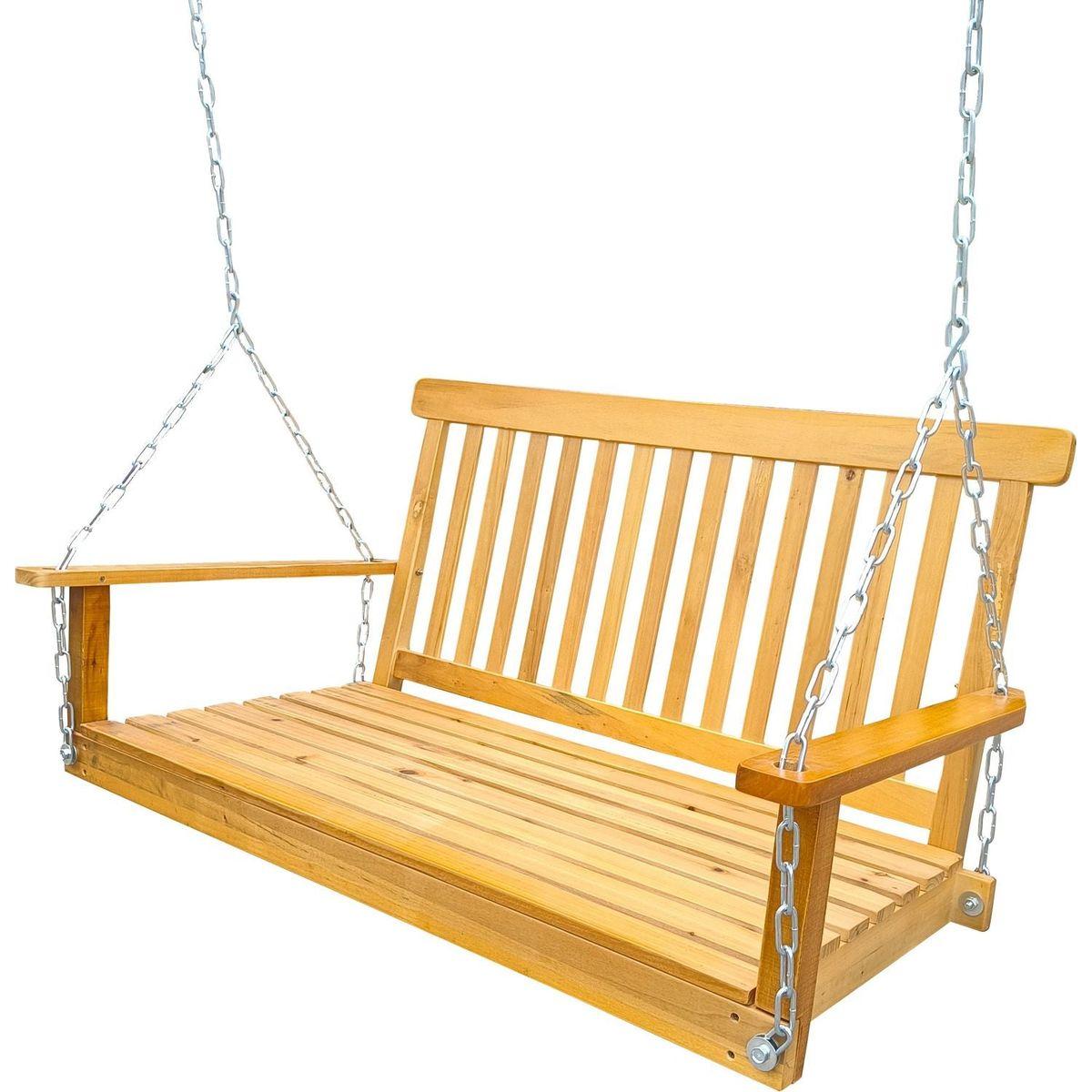 Front Porch Swing with Armrests, Wood Bench Swing with Hanging Chains,for Outdoor Patio, Garden Yard, porch, backyard, or sunroom,Easy to Assemble,teak