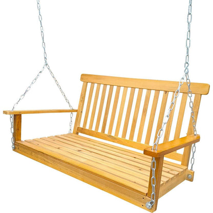 Front Porch Swing with Armrests, Wood Bench Swing with Hanging Chains,for Outdoor Patio, Garden Yard, porch, backyard, or sunroom,Easy to Assemble,teak