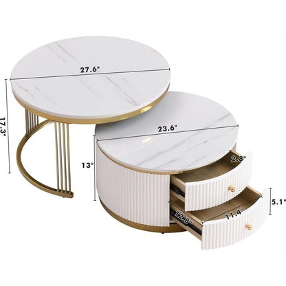 Modern 2 Pieces White Round Nesting Coffee Table with Drawers in 27.6"