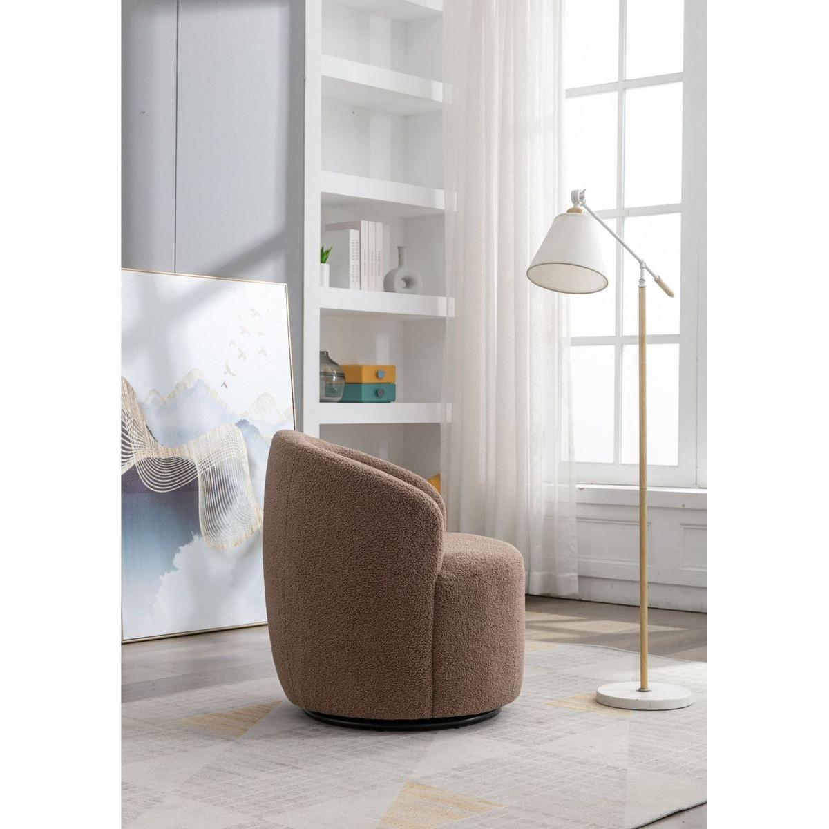 Teddy Fabric Swivel Accent Armchair Barrel Chair With Black Powder Coating Metal Ring,Coffee Brown