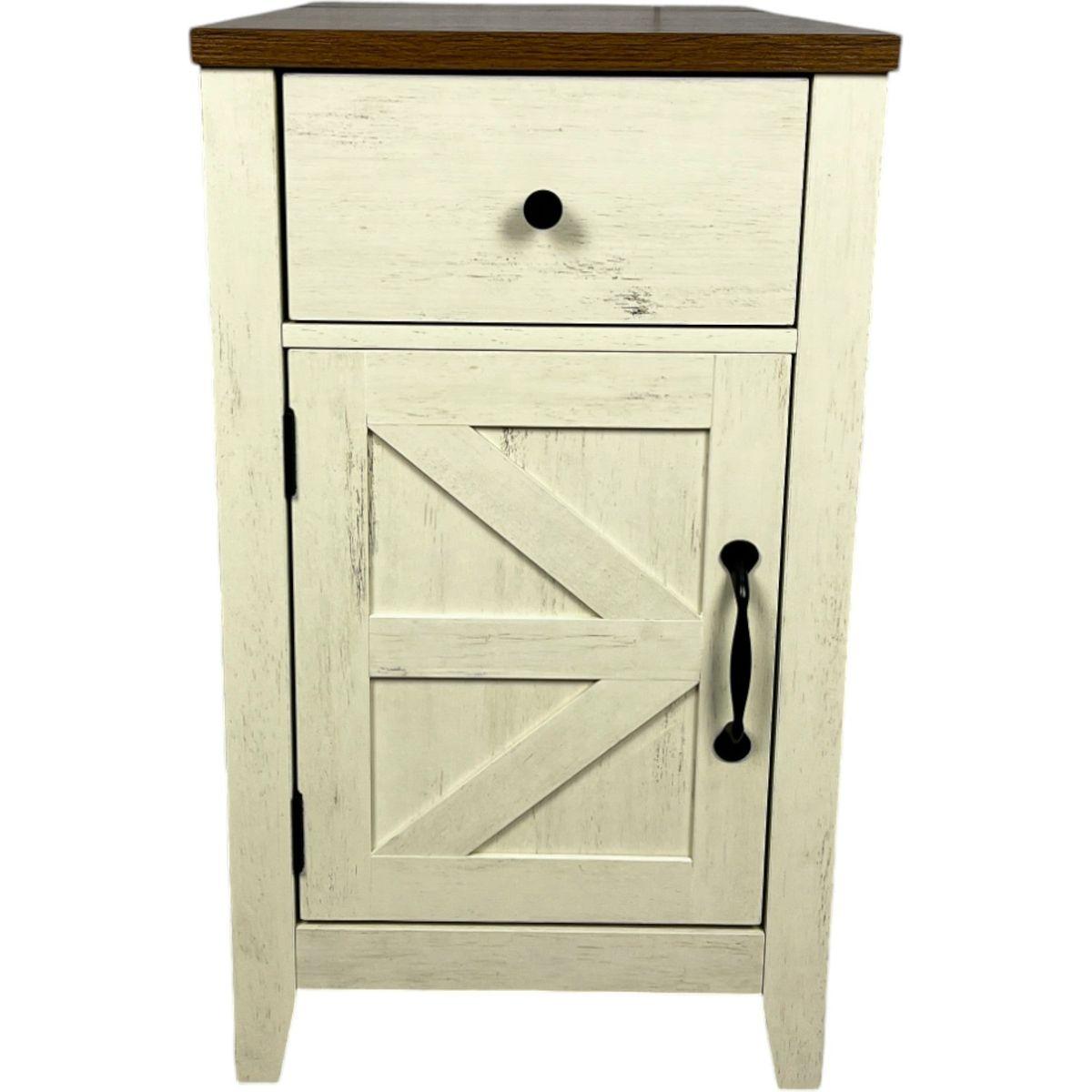 Farmhouse End Table with Charging Station,Night Stand with Barn Door and Drawer, Storage for Bedroom Living Room ,Bedside Table,  Bedside Table Brown+white color