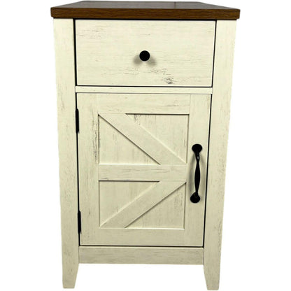 Farmhouse End Table with Charging Station,Night Stand with Barn Door and Drawer, Storage for Bedroom Living Room ,Bedside Table,  Bedside Table Brown+white color
