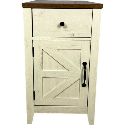Farmhouse End Table with Charging Station,Night Stand with Barn Door and Drawer, Storage for Bedroom Living Room ,Bedside Table,  Bedside Table Brown+white color