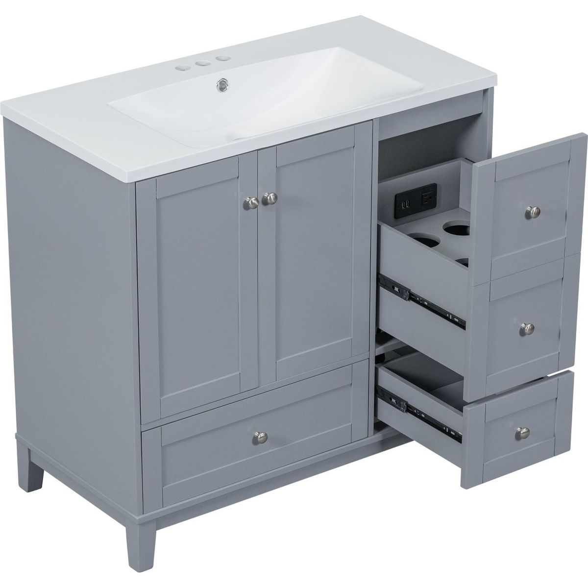 36 Inch Modern Bathroom Vanity with USB Charging, Two Doors and Three Drawers Bathroom Storage Vanity Cabinet with single top, Small Bathroom Vanity cabinet with sink, White & Gray Blue - Faucets Not