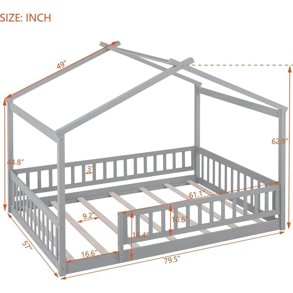 Full Size Wood Bed House Bed Frame with Fence, for Kids, Teens, Girls, Boys,Gray