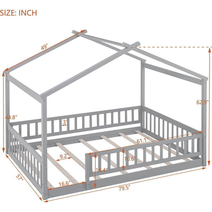 Full Size Wood Bed House Bed Frame with Fence, for Kids, Teens, Girls, Boys,Gray