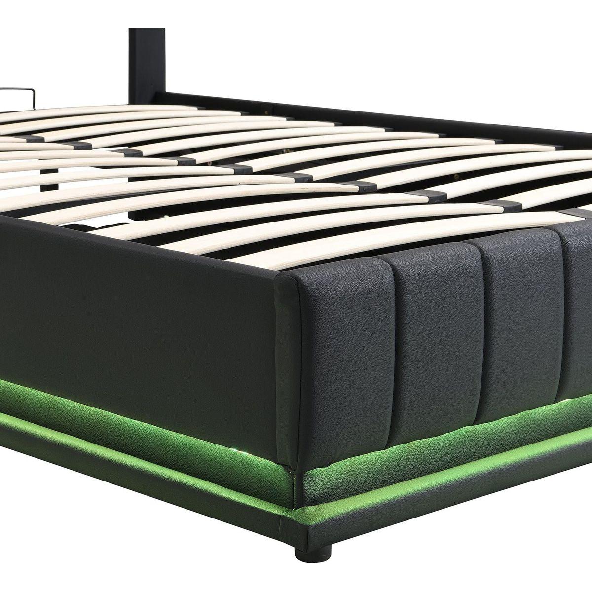 Full Size Upholstered Bed with Hydraulic Storage System and LED Light, Modern Platform Bed with Sockets and USB Ports, Black