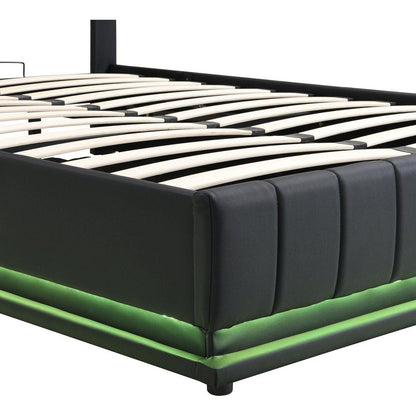 Full Size Upholstered Bed with Hydraulic Storage System and LED Light, Modern Platform Bed with Sockets and USB Ports, Black