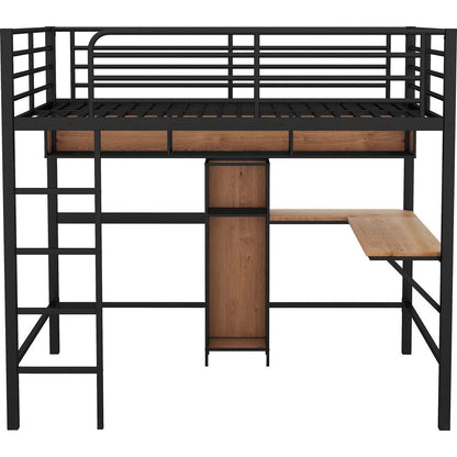 Full Size Metal & Wood Loft Bed with L -shaped desk and shelves, Black and Brown