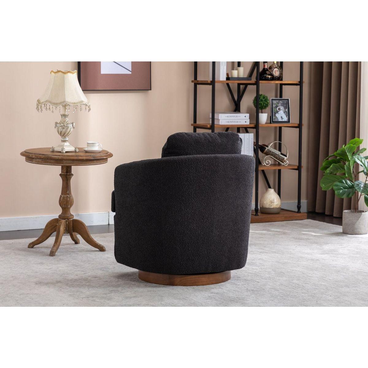 Boucle Fabric Swivel Accent Chair With Soild Wood Round Brown Base Leg,Black