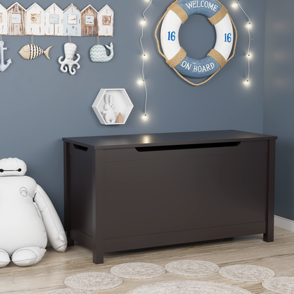 Kids Wooden Toy Box Storage with Safety Hinged Lid for Ages 3+ (Dark Brown)