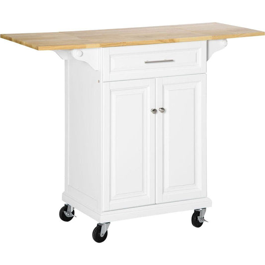 Kitchen Island with Drop Leaf Trolley Cart on Wheels Drawer Cabinet Towel Racks Versatile Use Natural Wood Top and White