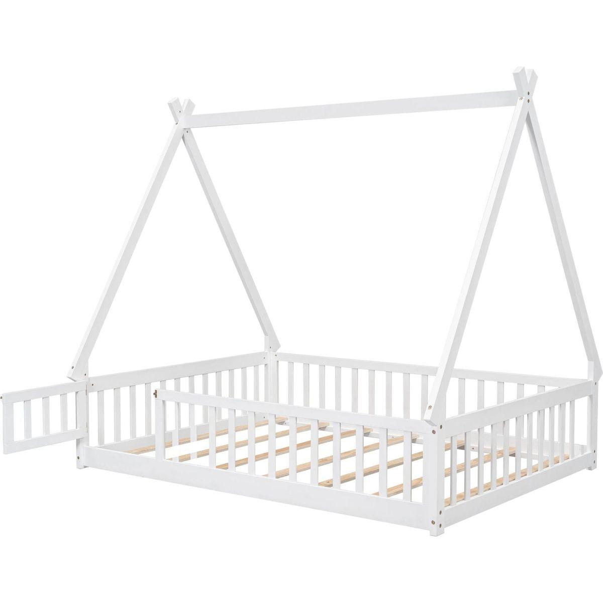Full Tent-shaped Floor Bed, with Guardrails, Slats, Door, White