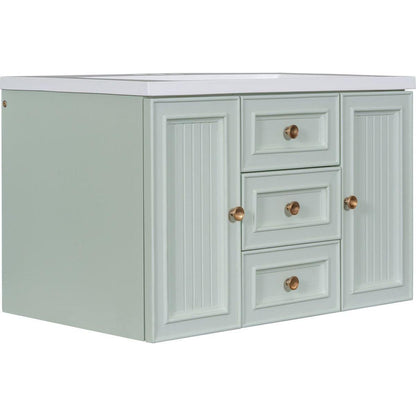 30" Wall Mounted Bathroom Vanity with Sink Combo, Functional Drawer, Solid Wood & MDF Board & Ceramic, Green