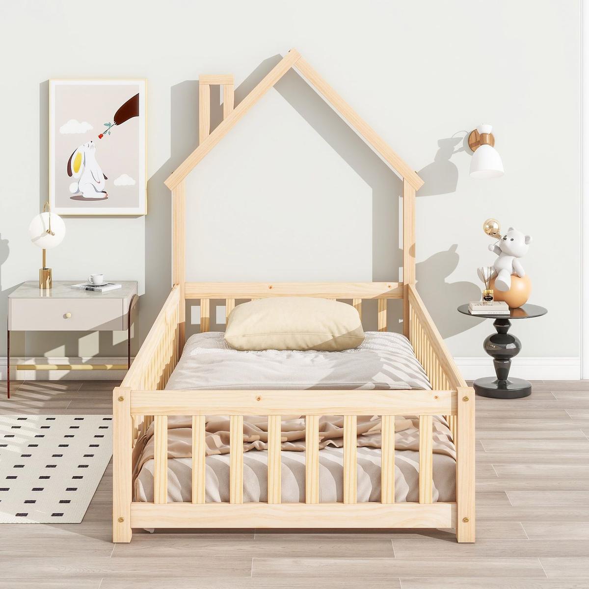 Twin House-Shaped Headboard Floor Bed with Fence ,Natural