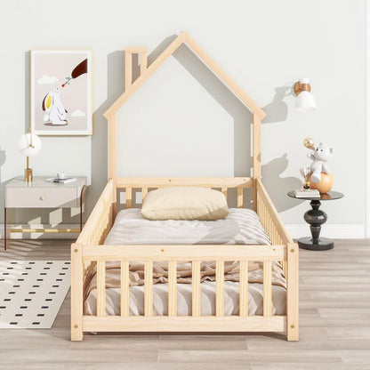 Twin House-Shaped Headboard Floor Bed with Fence ,Natural