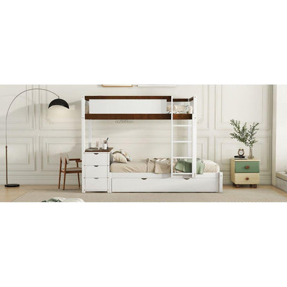 Twin-Over-Twin Bunk Bed with Twin size Trundle, Storage and Desk, White+Walnut