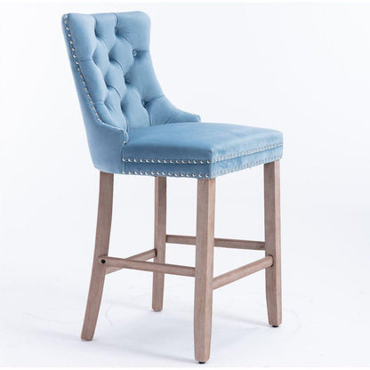 Contemporary Velvet Upholstered Barstools with Button Tufted Decoration and Wooden Legs, and Chrome Nailhead Trim, Leisure Style Bar Chairs,Bar stools, Set of 2 (Light Blue)