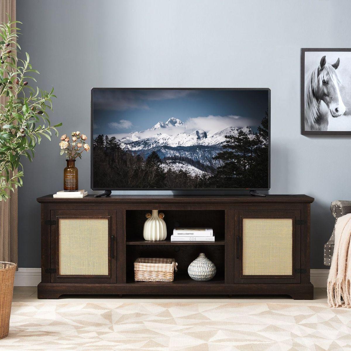 Farmhouse Rattan TV Stand Console Table for TVs up to 70 Inches, TV Console Table with 2 Storage Shelves, 2 Natural Rattan Door Cabinets, 65"Wx15.55"Dx23.86"H, Espresso