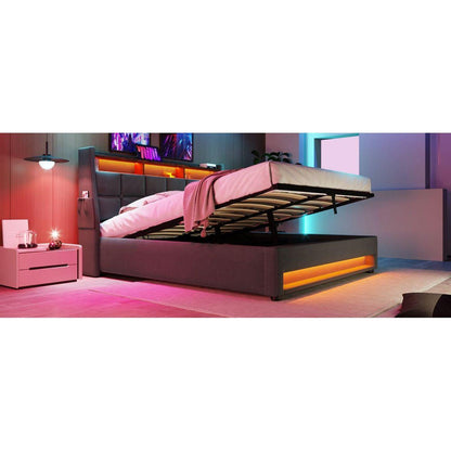 Full size Upholstered Platform bed with a Hydraulic Storage System, LED and USB Charging, Grey (without mattress)