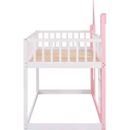 Twin Over Twin Castle Bunk Bed with Ladder - Pink