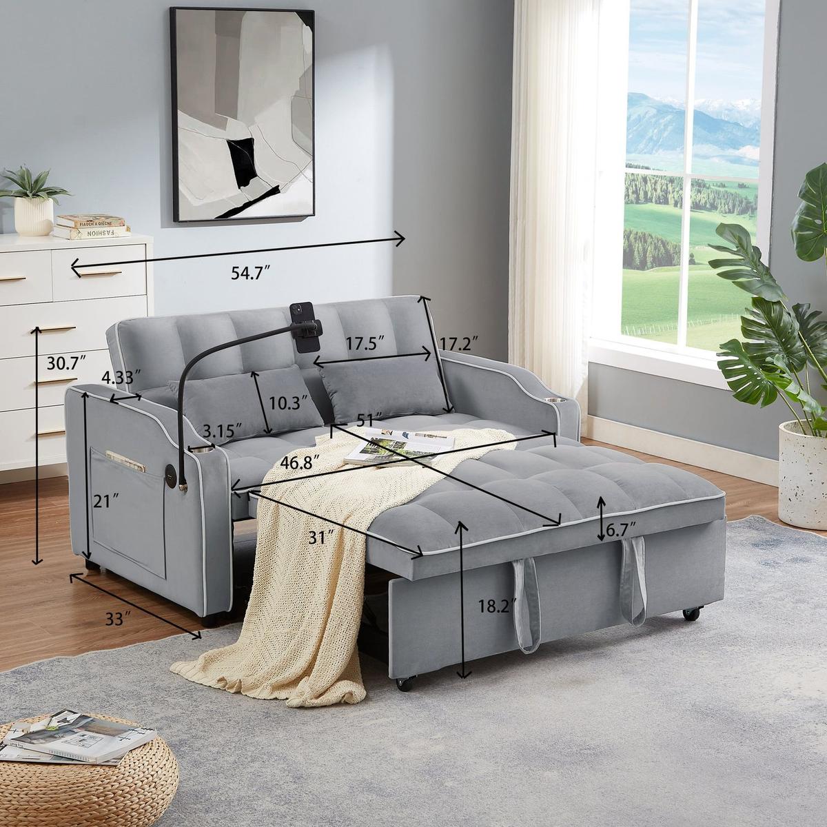 1 versatile foldable sofa bed in 3 lengths, modern sofa sofa sofa velvet pull-out bed, adjustable back and with USB port and ashtray and swivel phone stand (grey)