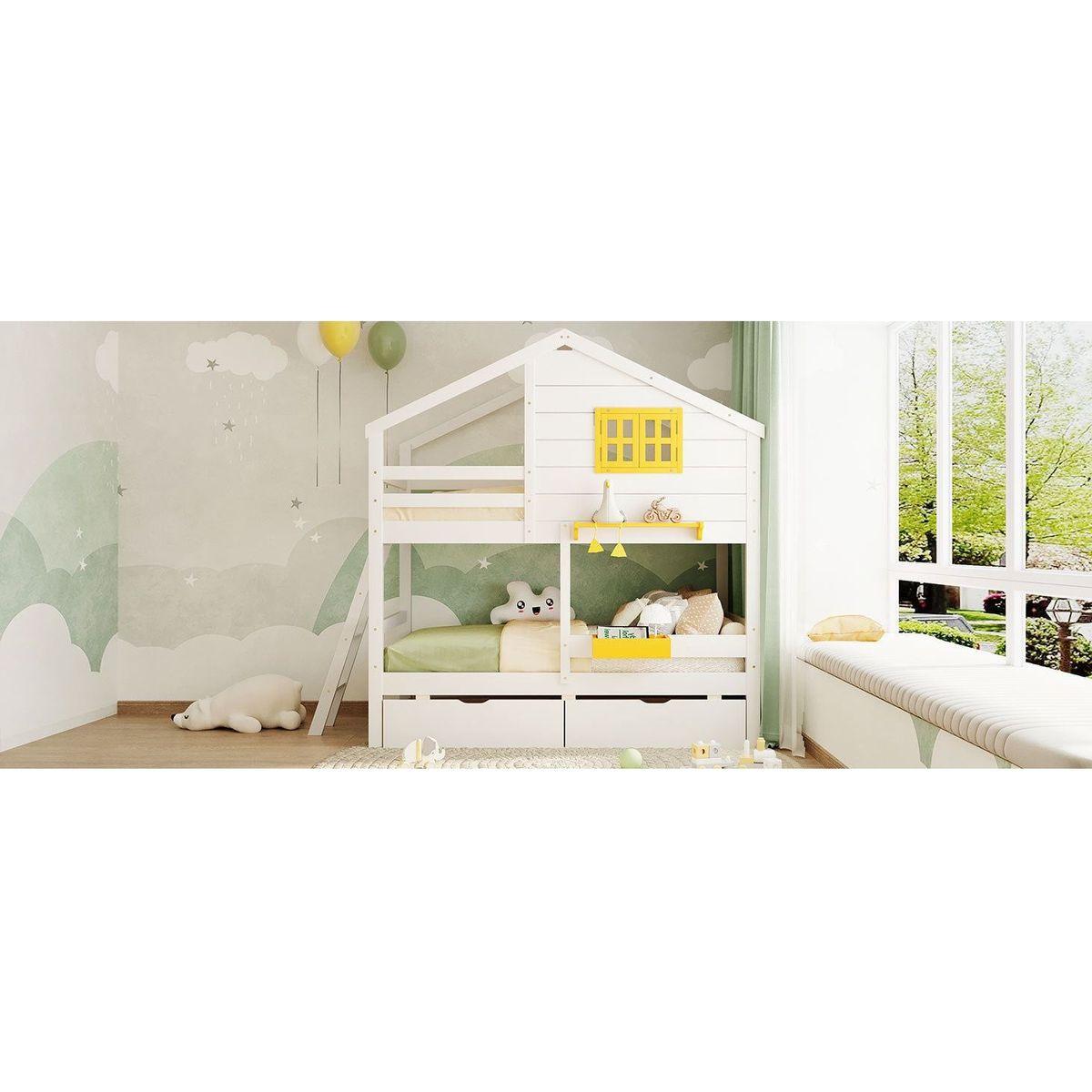 Twin over Twin Bunk Bed with 2 Drawers, 1 Storage Box, 1 Shelf, Window and Roof-White