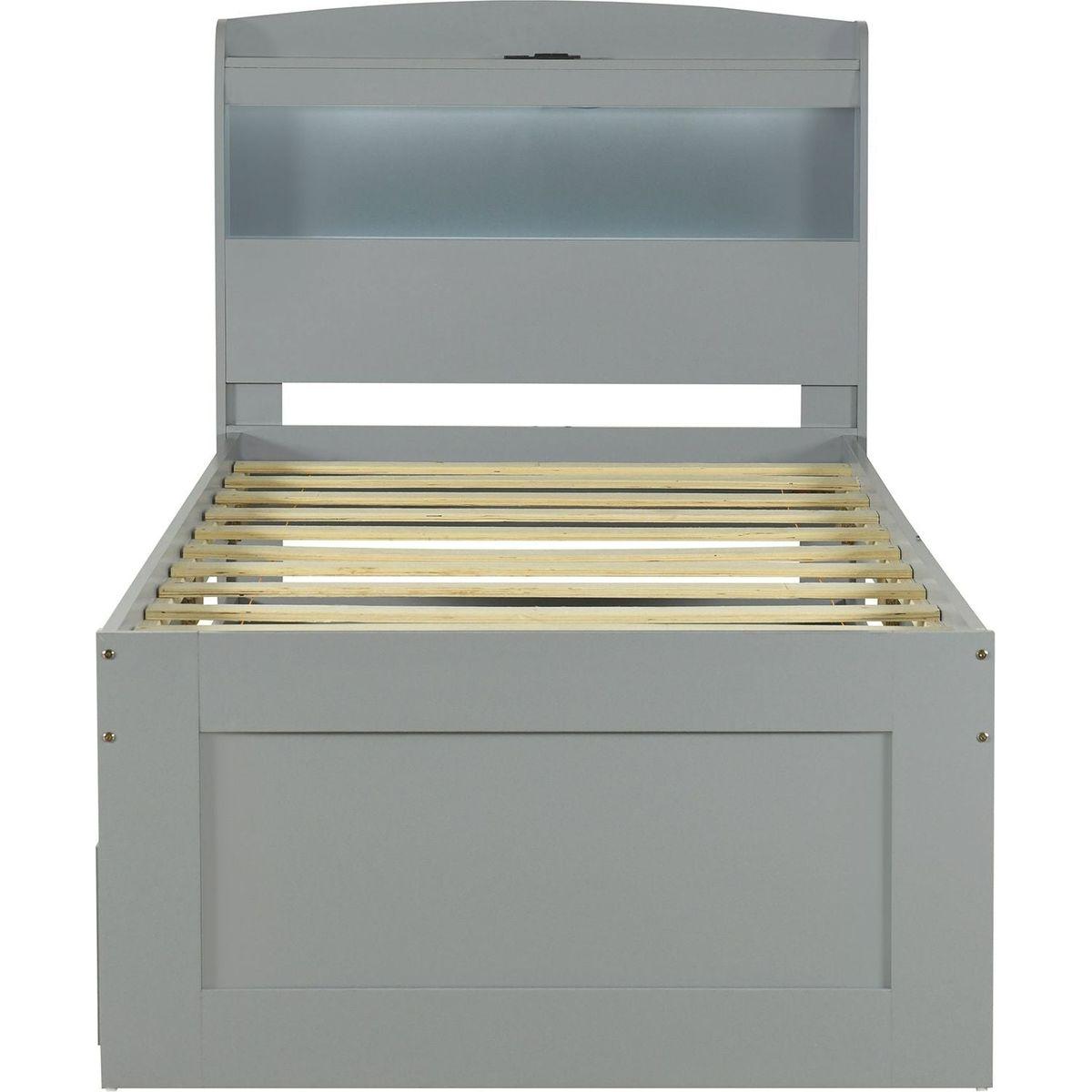 Twin XL Size Platform Bed with Storage LED Headboard, Charging Station, Twin Size Trundle and 2 Drawers, Gray