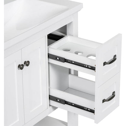 30" Bathroom Vanity with Ceramic Sink Top, Vanity Cabinet with Multi-Functional Drawer, Solid Wood Legs, White