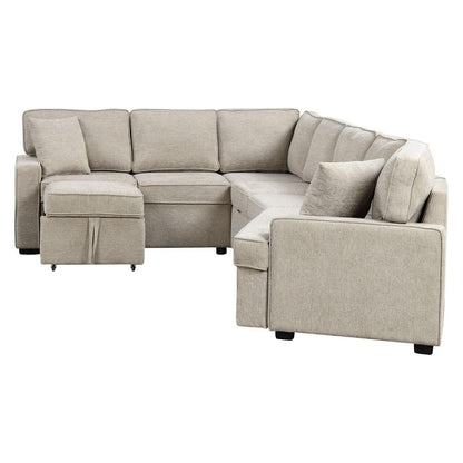 126" L-shaped Sofa Sectional Sofa Couch Pull-out Sofa Bed with Charging Devices and Cup Holders for Living Room, Beige