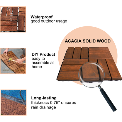 Acacia Wood Interlocking Deck Tiles Checker Pattern, 20 PCS 12" x 12" Square Acacia Hardwood Outdoor Flooring for Patio, Bancony, Pool Side,...