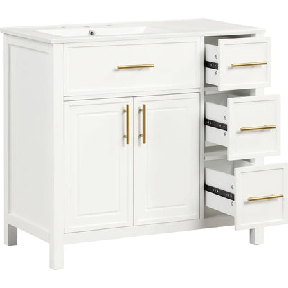 36" Bathroom Vanity with Sink Top, Bathroom Vanity Cabinet with Two Doors and Three Drawers, Solid Wood, MDF Boards, One Package, Off White