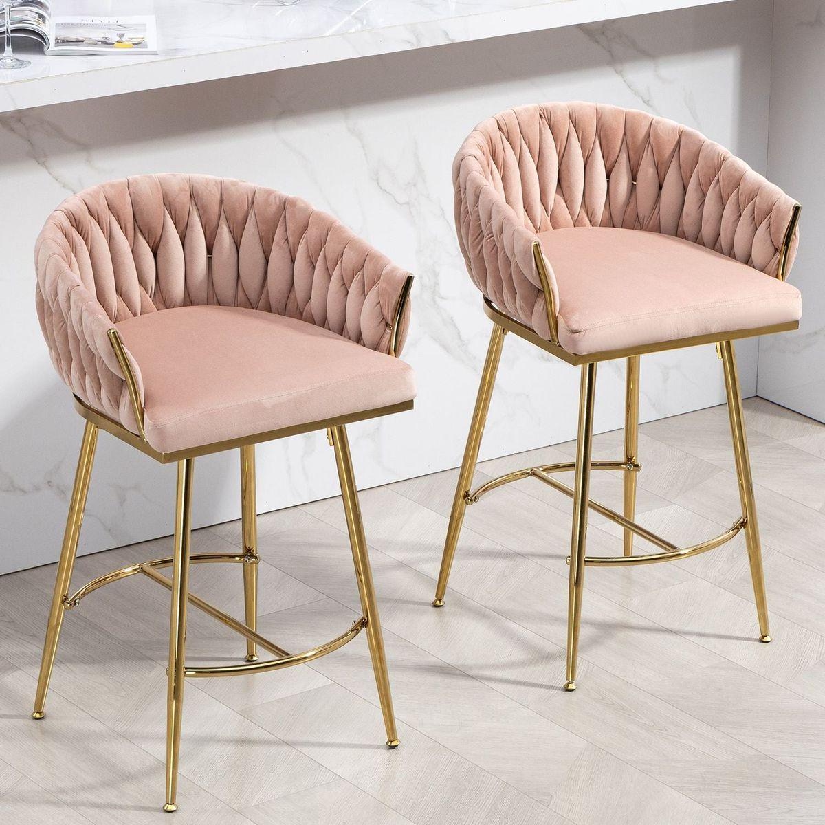 26" Counter height bar stools Set of 2 kitchen island counter bar stool with hand- wave back,golden chromed base and footrest(PINK)