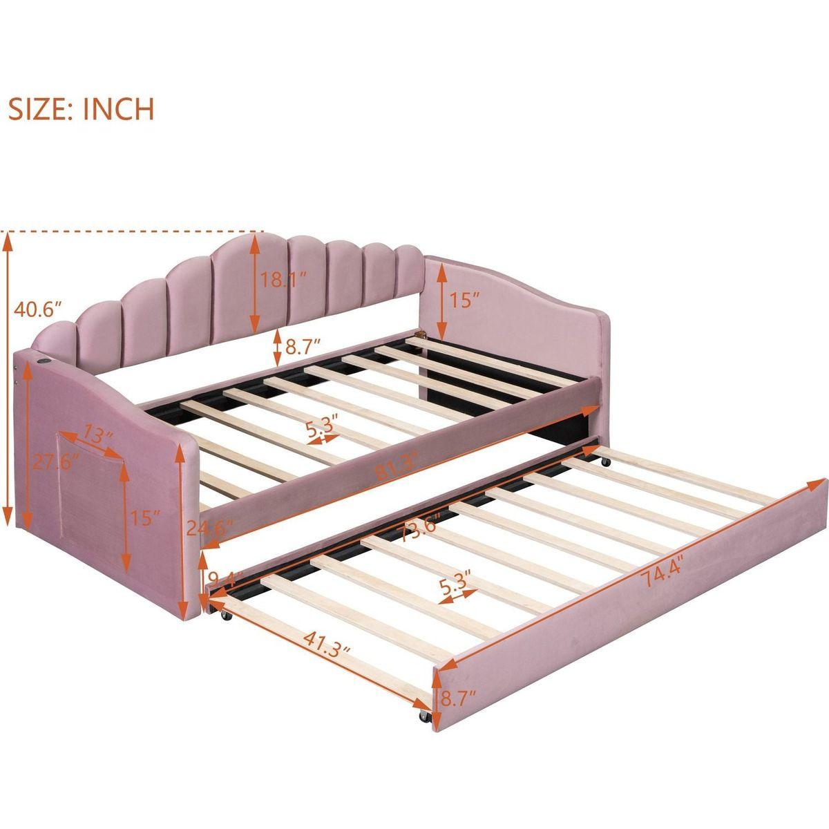Twin size Upholstered Daybed with Trundle, Velvet Sofabed with USB Charging Ports,No Box-spring Needed,Pink