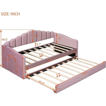 Twin size Upholstered Daybed with Trundle, Velvet Sofabed with USB Charging Ports,No Box-spring Needed,Pink