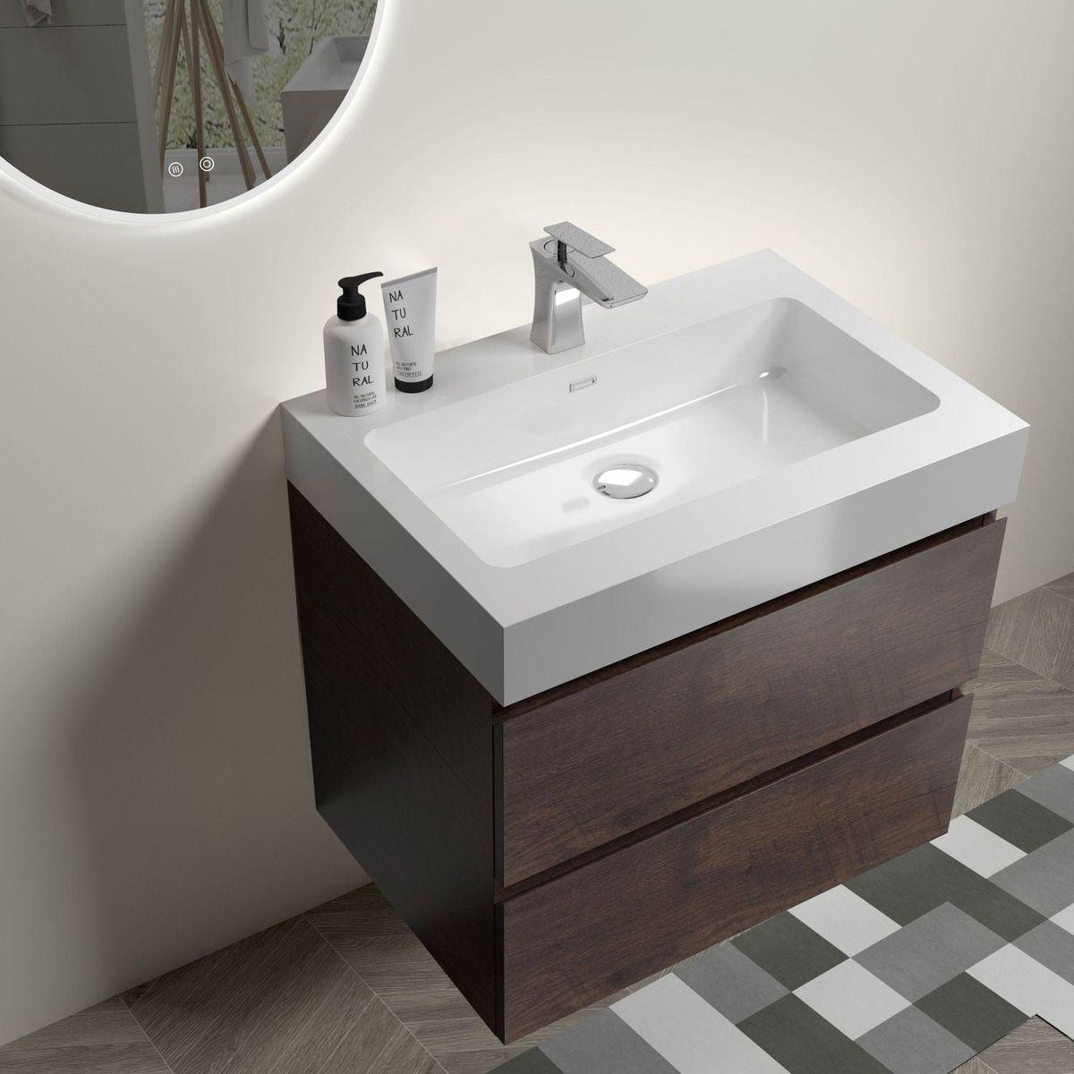 Alice 24" Walnut Bathroom Vanity with Sink, Large Storage Wall Mounted Floating Bathroom Vanity for Modern Bathroom, One-Piece White Sink Basin without Drain and Faucet