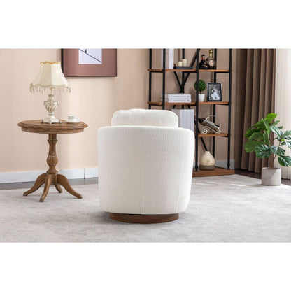 Boucle Fabric Swivel Accent Chair With Soild Wood Round Brown Base Leg,Ivory